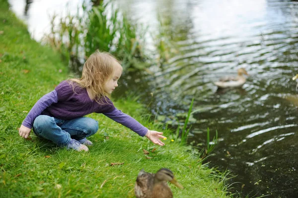 可爱的小女孩在夏天喂鸭子 在户外喂小鸟 幼儿暑期活动 — 图库照片