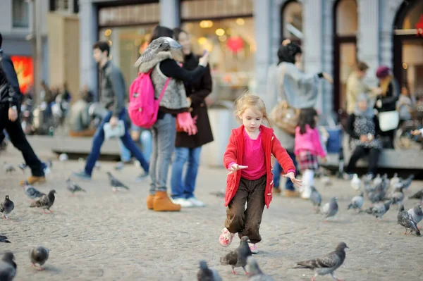 Cute Little Girl Feeding Chasing Birds Dam Square Amsterdam Summer — Stock Photo, Image