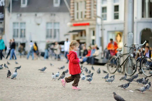 Schattig Meisje Dat Zomerdag Vogels Voedt Achtervolgt Dam Amsterdam Voeren — Stockfoto