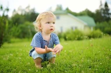 Komik çocuk güneşli yaz gününde dışarıda eğleniyor. Doğayı keşfeden çocuk. Küçük çocuklar için yaz etkinlikleri.