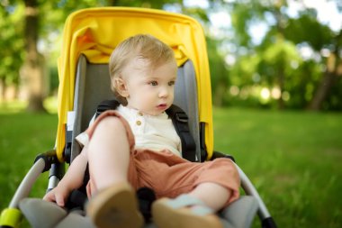 Dışarıda bir bebek arabasında oturan tatlı bir çocuk. Bebek arabasındaki küçük çocuk. Bebek bebek sandalyede oturuyor. Çocuklarla yaz yürüyüşleri. Küçük çocukla ailecek vakit geçirmek..