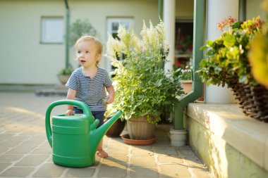 Yaz günü bahçede çiçekleri sulayan tatlı bir çocuk. Güneşli bir günde sulama tenekesi kullanan bir çocuk. Annemin küçük yardımcısı..