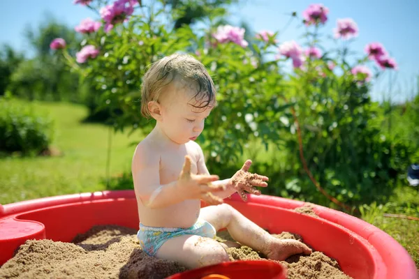 Adorable Toddler Boy Playing Sandbox Hot Sunny Summer Day Child — Stock Photo, Image