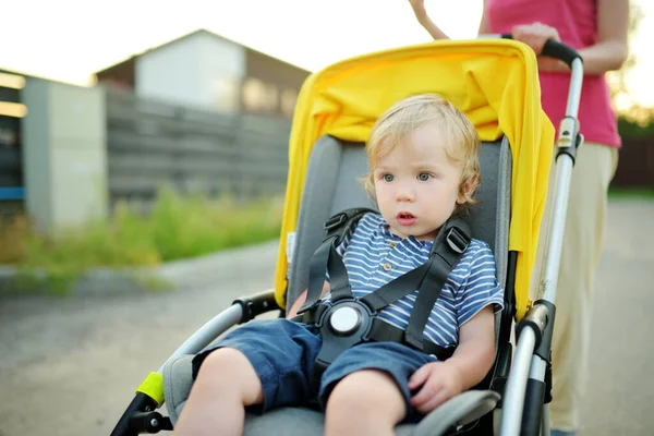 Süßer Kleiner Junge Der Kinderwagen Freien Sitzt Kleines Kind Kinderwagen — Stockfoto