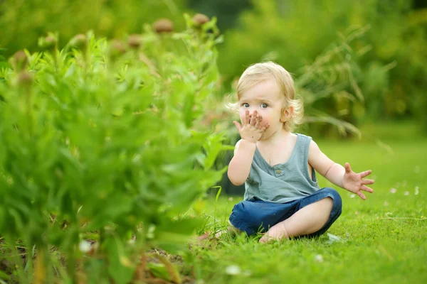 Enfant Stupide Garçon Mettre Terre Dans Bouche Tout Jouant Extérieur — Photo