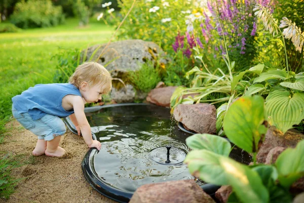 Funny Toddler Boy Having Fun Small Garden Pond Sunny Summer — Stock Photo, Image