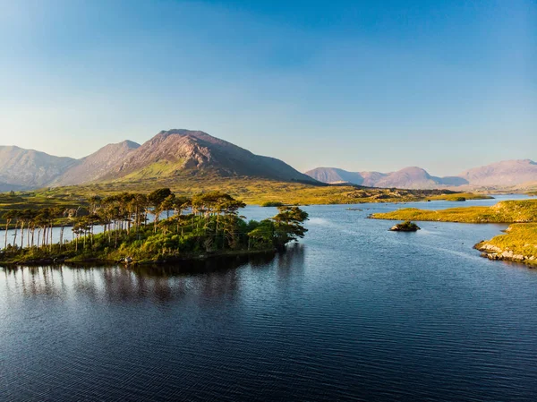 Twelve Pines Island havadan görünümü, on iki pin veya on iki Bens, Connemara, County Galway, İrlanda denilen bir dağ sırasının keskin zirveleri tarafından oluşturulan muhteşem bir arka plan üzerinde duran