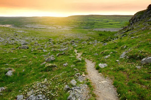 İrlanda 'nın Clare ilçesinin Burren bölgesinde muhteşem bir manzara. Burren Ulusal Parkı 'nda karst kireç taşına maruz kalmış. Sert İrlanda doğası.