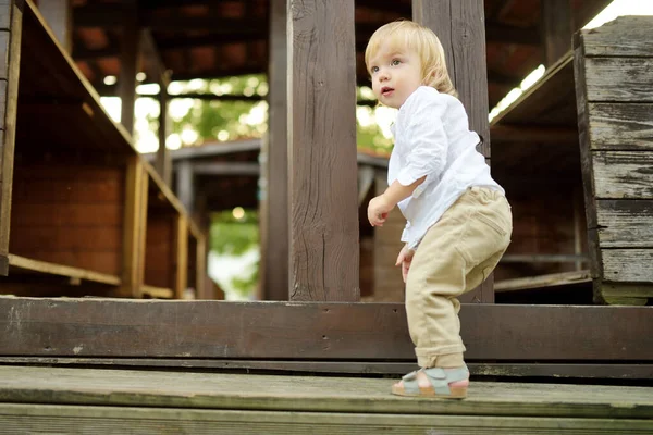 Drôle Tout Petit Garçon Avoir Amusant Extérieur Sur Ensoleillé Jour — Photo