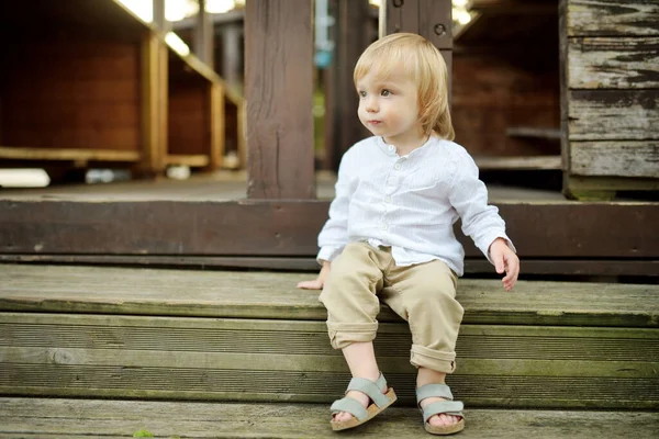 Drôle Tout Petit Garçon Avoir Amusant Extérieur Sur Ensoleillé Jour — Photo