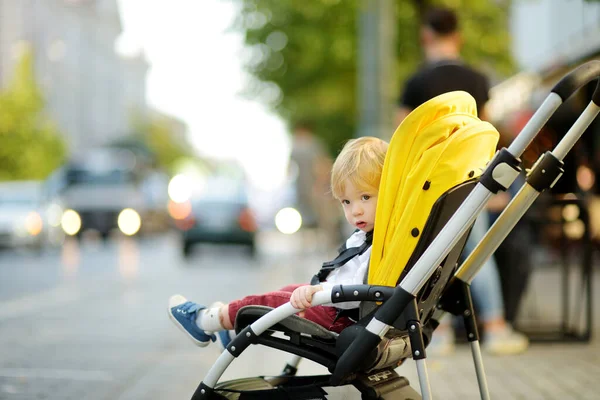 Dolce Bambino Seduto Passeggino All Aperto Bambina Carrozzina Bambino Carrozzina — Foto Stock