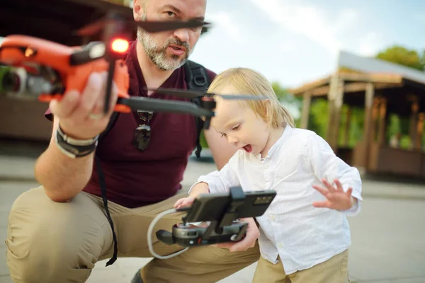 Father Son Watching Navigating Drone Cute Toddler Boy Helping His — Stock Photo, Image