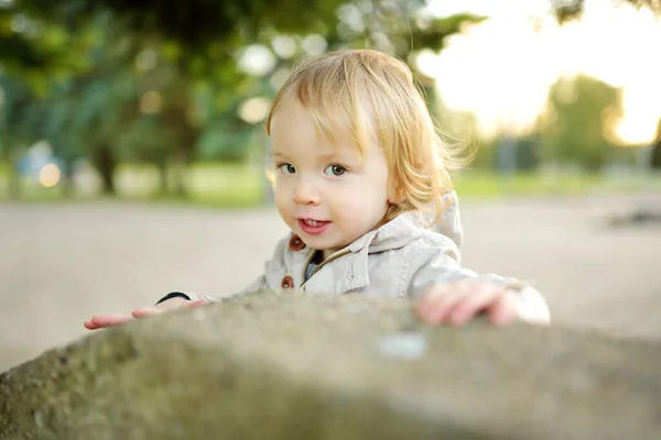 Grappige Peuter Die Buiten Plezier Heeft Zonnige Herfstdag Kind Dat — Stockfoto