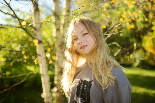 美しい秋の日に楽しんでいる愛らしい若い女の子 秋の公園で遊ぶ幸せな子供 黄色の紅葉を集める子供 子供の秋の活動 — ストック写真