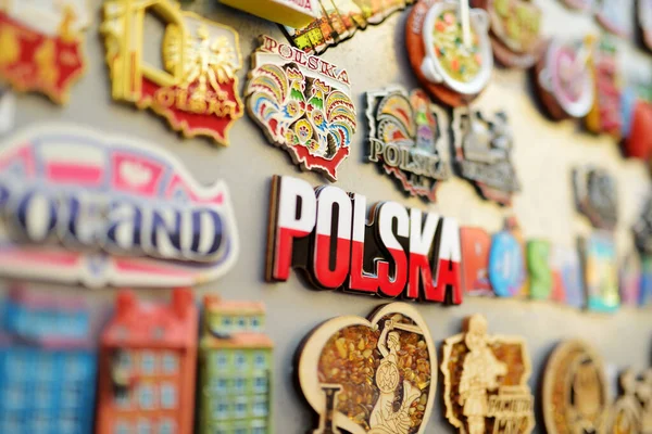 Warsaw Poland August 2021 Assorted Colorful Magnets Sold Souvenir Shop — Stock Photo, Image