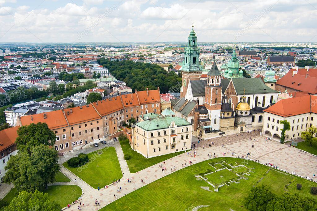 Aerial view of The Wawel Royal Castle, a castle residency located in central Krakow. Wawel Royal Castle and the Wawel Hill constitute the most historically and culturally important site in Poland.
