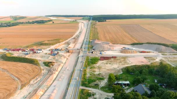 Vista Aérea Del Sitio Construcción Autopista Kielce Cracovia Soleada Noche — Vídeo de stock