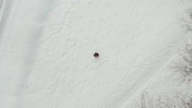 Aerial top-down view of a man launching drone in a snow covered pine forest. Flying over and shooting rime ice and hoar frost covering trees. Modern technologies in scenic winter landscape.