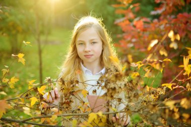 Sevimli genç kız güzel bir sonbahar gününde eğleniyor. Mutlu çocuk sonbahar parkında oynuyor. Sarı sonbahar yaprakları toplayan bir çocuk. Çocuklar için sonbahar etkinlikleri.
