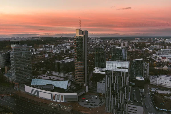Beautiful Aerial Evening View Vilnius Business District Scenic Sunset Illumination — Stock Photo, Image