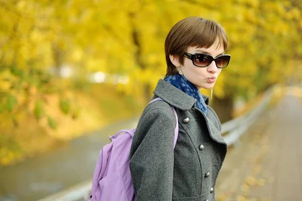 美しい秋の日に楽しんでいる愛らしい若い女の子 秋の公園で遊ぶ幸せな子供 黄色の紅葉を集める子供 子供の秋の活動 — ストック写真