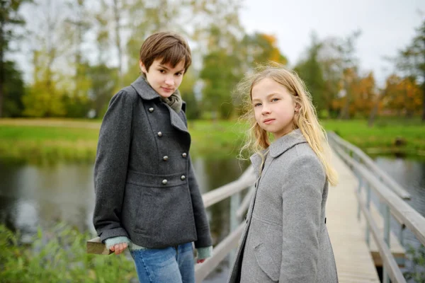 Two Cute Young Sisters Having Fun Together Beautiful Autumn Day — Stock Photo, Image