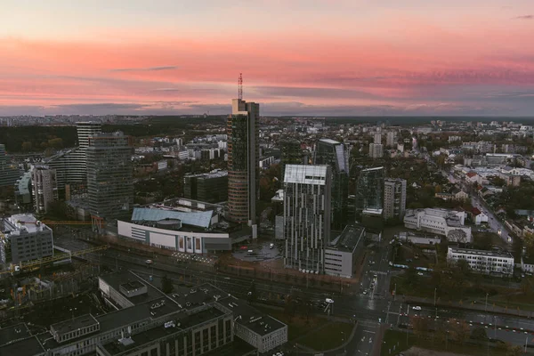 Beautiful Aerial Evening View Vilnius Business District Scenic Sunset Illumination — Stockfoto
