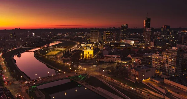 Scenic Aerial View Vilnius Old Town Neris River Nightfall Sunset — Stock Photo, Image