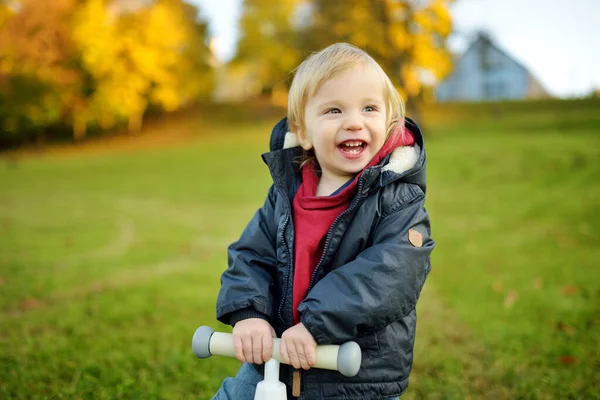 Grappige Peuter Jongen Rijden Een Baby Scooter Buiten Herfstdag Kindertrainingsbalans — Stockfoto