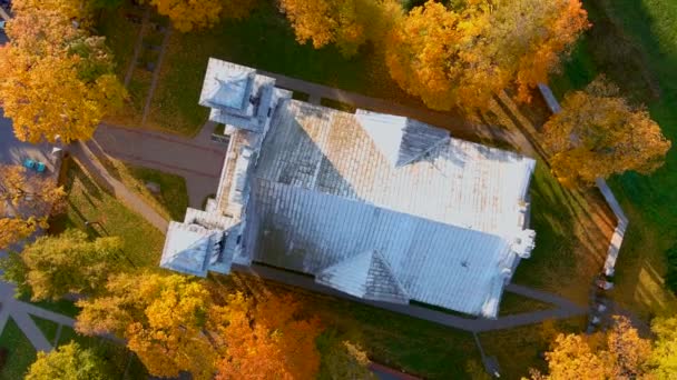 Beautiful Aerial Top View John Baptists Church Birzai Surrounded Autumn — Stockvideo