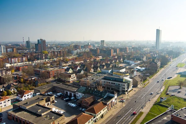 Szenische Luftaufnahme Der Altstadt Von Klaipeda Litauen Goldenen Abendlicht Hafengebiet — Stockfoto