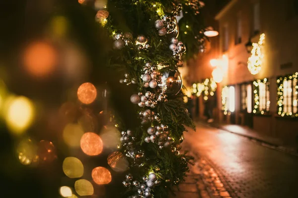 Christmas Lights Trees Ornaments Used Decorations Festive Season Narrow Streets — Stock Photo, Image