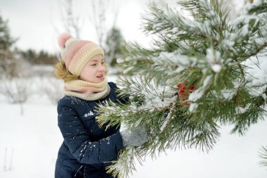 Serin kış günlerinde karla kaplı parkta yürüyüş yapan tatlı genç kız. Doğayı keşfeden çocuk. Çocuklar için kış aktiviteleri.