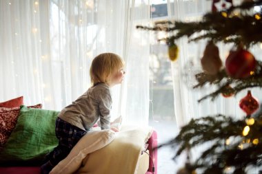 Noel 'de pencereden dışarı bakan tatlı bir çocuk var. Küçük bir çocuk evdeki sıcak bir oturma odasında vakit geçiriyor. Evde aile eğlencesi..