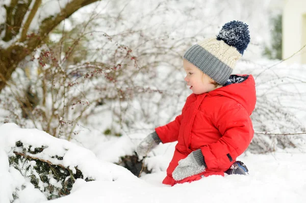 Adorable Toddler Boy Having Fun Snow Covered Park Chilly Winter — Stock Photo, Image