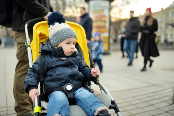 Sweet Toddler Boy Wearing Warm Clothes Sitting Stroller Outdoors Little — Stock Photo, Image