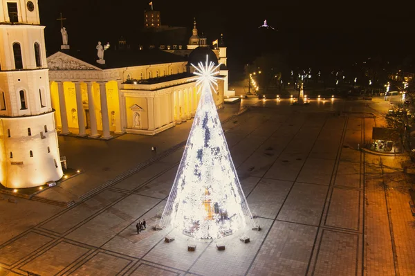 Beautiful Aerial View Decorated Illuminated Christmas Tree Cathedral Square Night — Stock Photo, Image