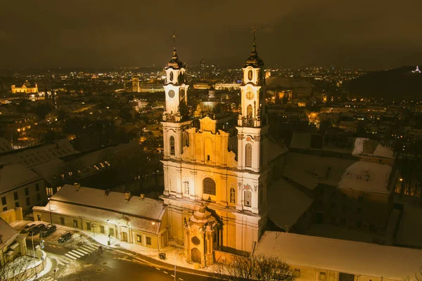 Aerial night view of church of the Ascension of the Lord in Vilnius, Lithuania.