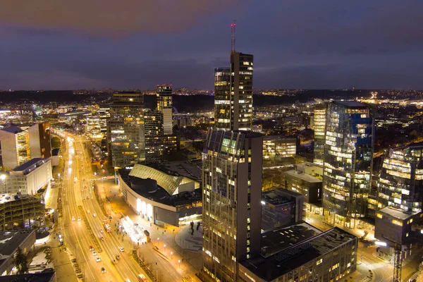 Beautiful Aerial Evening View Illuminated Business District Vilnius Scenic Winter — Stock Photo, Image