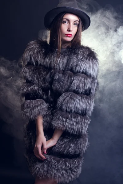 Young woman in a fur coat and hat. — Stock Photo, Image