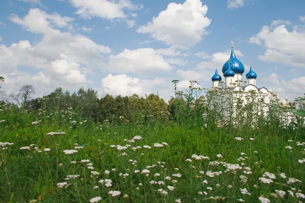 Russische kerk met blauwe koepels. — Stockfoto