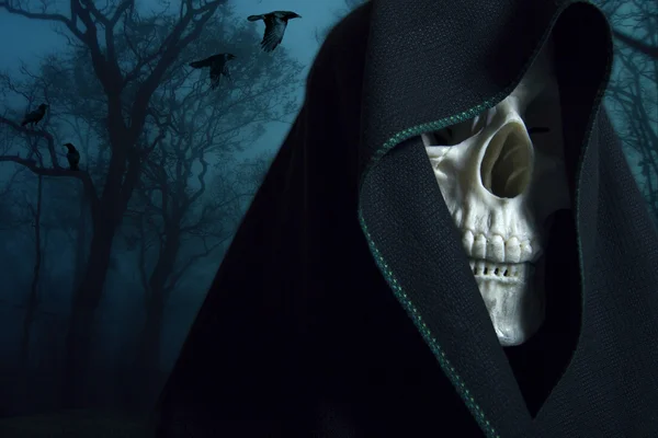 Esqueleto em um capuz preto . — Fotografia de Stock
