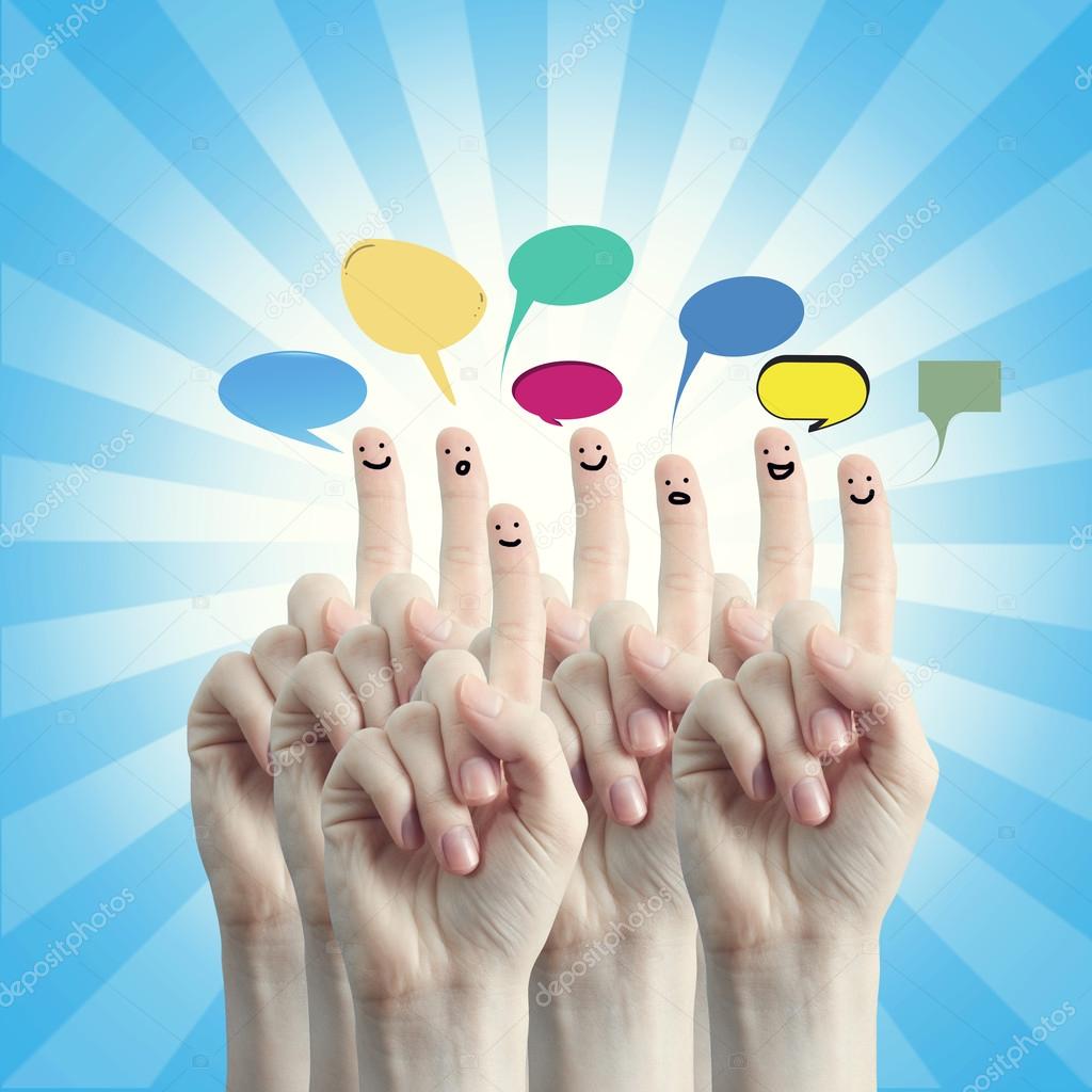Finger smileys with social chat sign and speech bubbles