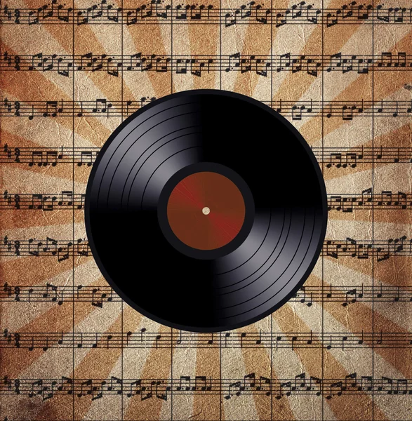 Vinyl record on the music note paper — Stock Photo, Image
