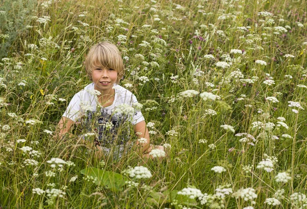 Bir buket kır çiçeğiyle küçük bir çocuk — Stok fotoğraf