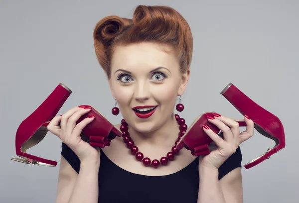 Woman in a retro style with red shoes — Stock Photo, Image