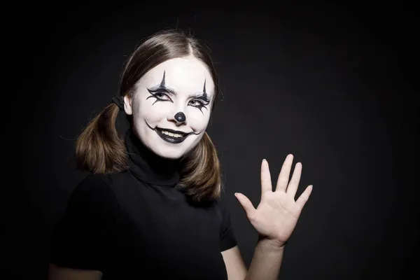 Retrato Emocional Espeluznante Una Mujer Con Máscara Payaso Halloween — Foto de Stock