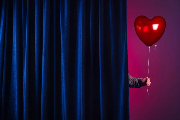 Hand Man Red Inflatable Balloon Peeks Out Curtain Valentine Day — Stock Photo, Image