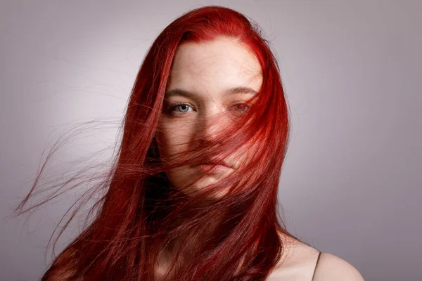 Portrait Young Red Haired Woman Flowing Hair Wind — Stock Photo, Image