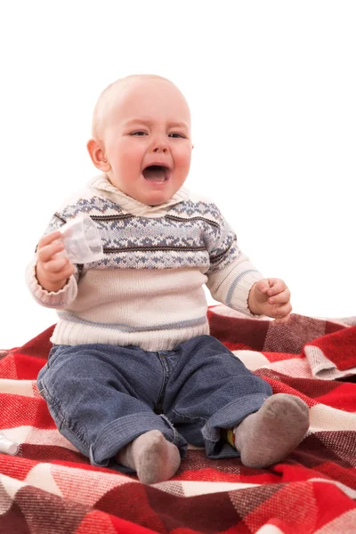 Funny boy with big red plaid — Stock Photo, Image